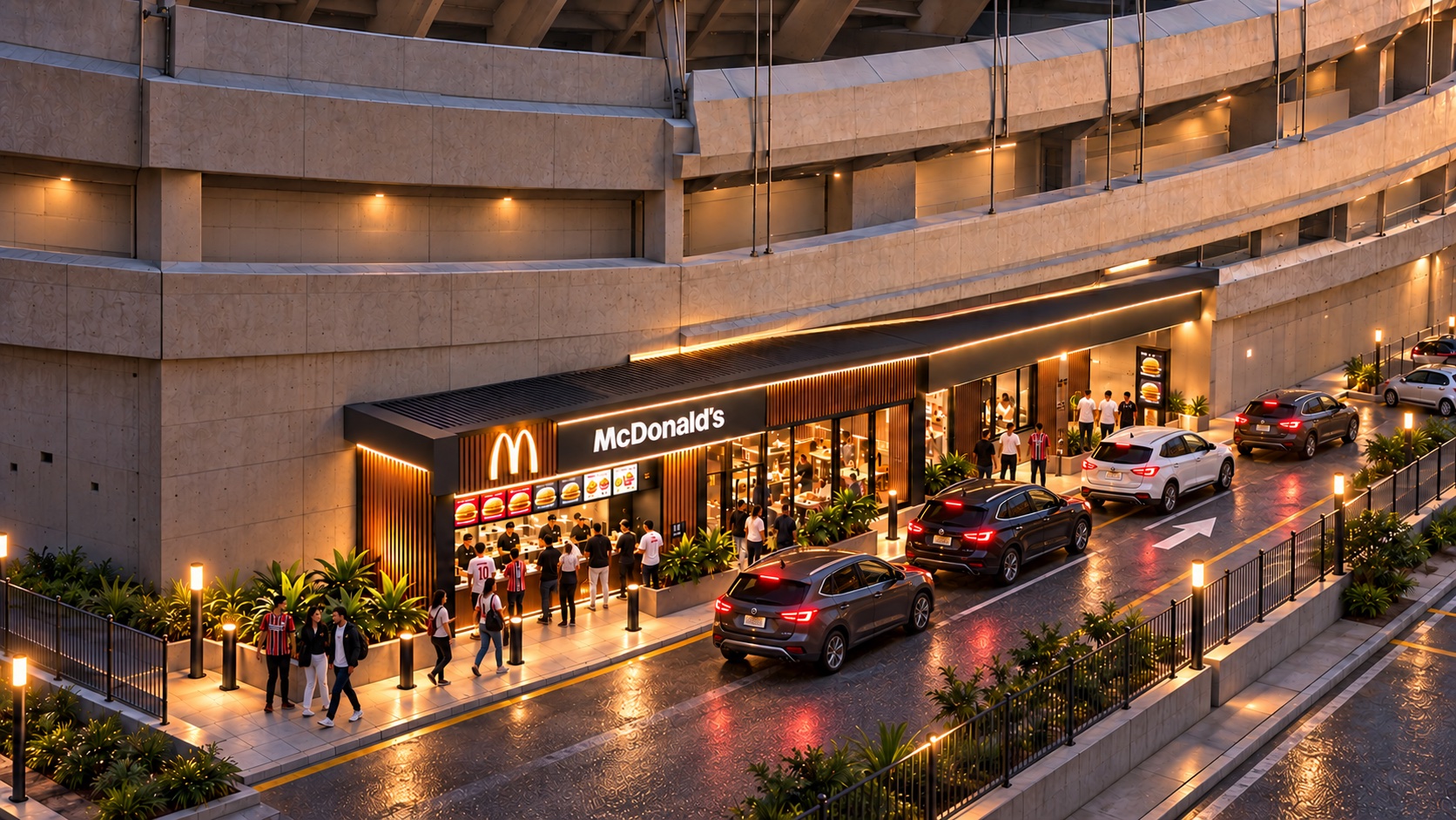 Face externa conceitual com pessoas e fila do drive-through
